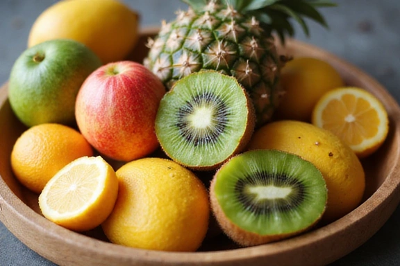 Primer plano de una variedad de frutas tropicales vibrantes y coloridas, como piña, mango y kiwi, apiladas en un bol de madera.