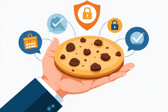 Ilustración de una persona sosteniendo una galleta digital con iconos de privacidad alrededor