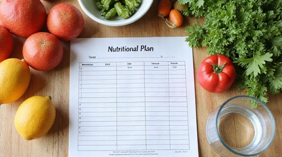 Mesa con un plan nutricional impreso y alimentos frescos.