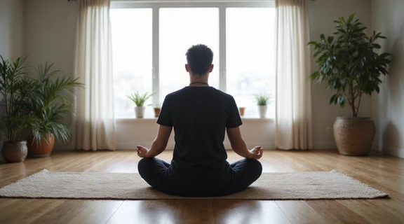 Persona meditando en un entorno tranquilo, representando el bienestar mental.