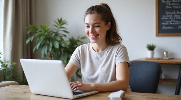 Persona usando una laptop para una consulta nutricional online.