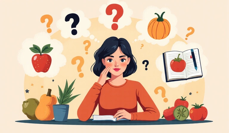 Ilustración de una persona pensando con signos de interrogación y elementos nutricionales alrededor.