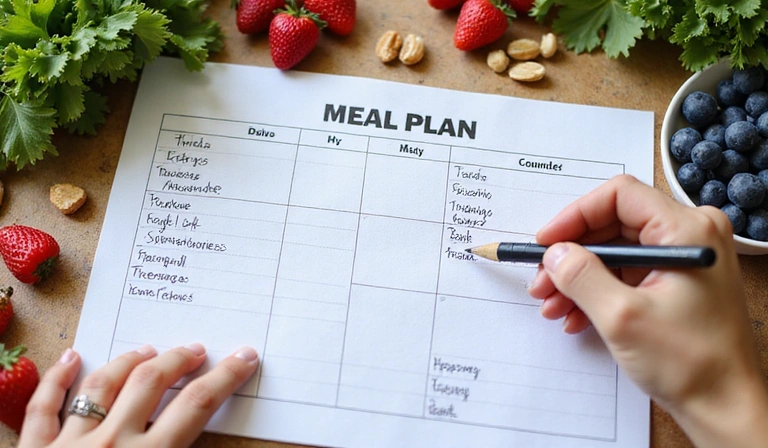 A hand writing notes on a personalized meal plan, with colorful healthy ingredients like berries, nuts, and leafy greens scattered around, bright and inviting atmosphere, natural background, no text.